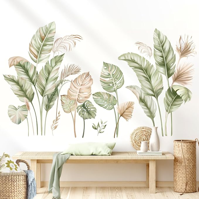 wondever Boho Palm Leaves Wall Decals Tropical Green Plants Wall Stickers | Peel and Stick, Removable, Wall Art Decals, Wall Decoration, Living Room Bedroom, Office Sofa TV Home Wall Decor - Image 2