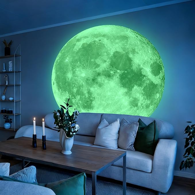 Vancoup 6 Sheets Huge Glow in The Dark Green Moon Wall Stickers Home Decor | Luminous Full Moon Decals Peel & Stick Wall Decor for Kids Room Bedroom Living Room(51.18 inches × 50.39 inches) - Image 3