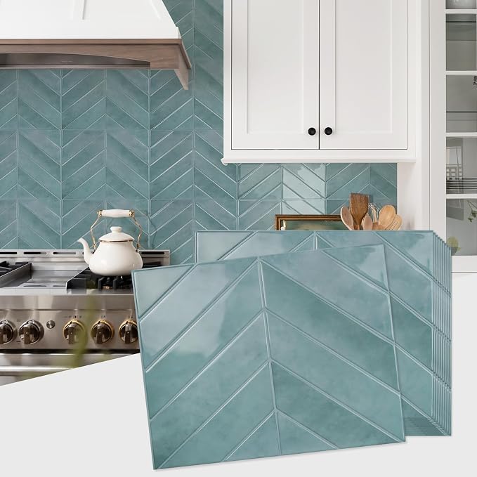 STICKGOO Herringbone Peel and Stick Backsplash, Blue Teal, 10 Sheets | 12.6 x 9.7 in, Thicker Rectangular Vinyl Stick-On Wall Tiles, Easy Alignment, Waterproof, Easy to Clean, Kitchen/Bathroom by STICKGOO