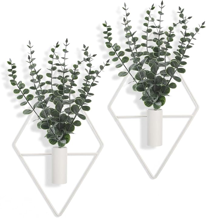 Jexine 4 Pcs Hanging Artificial Planters Wall Decor, White, Eucalyptus | Bathroom Wall Decor, Geometric Metal Vase, Indoor Plants, Living Room, Home Office, Entryway, Boho Accent, Wall Mounted by Jexine