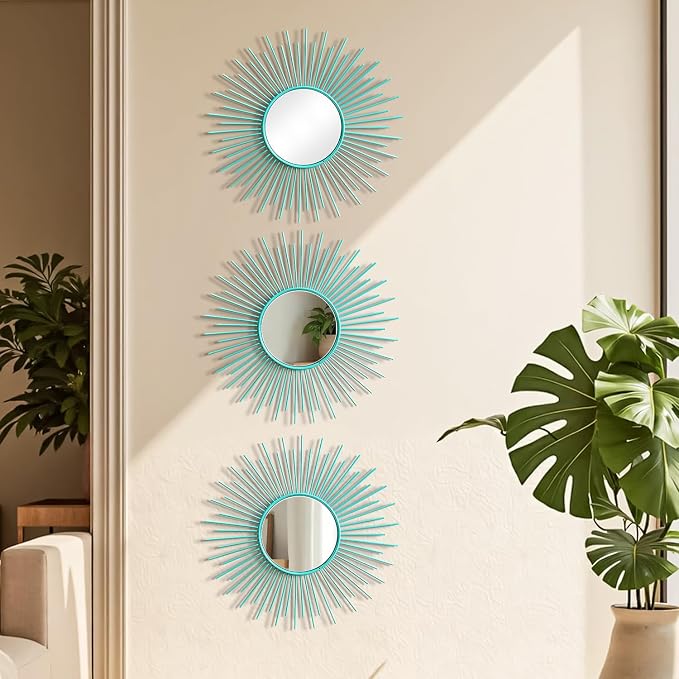 3 Pack Metal Mirrors for Wall Sunburst Wall Mirrors Home Décor Decorative Hanging Wall Art for Living Room Bedroom Entryway (Greenish Blue, Sunburst) - Image 4