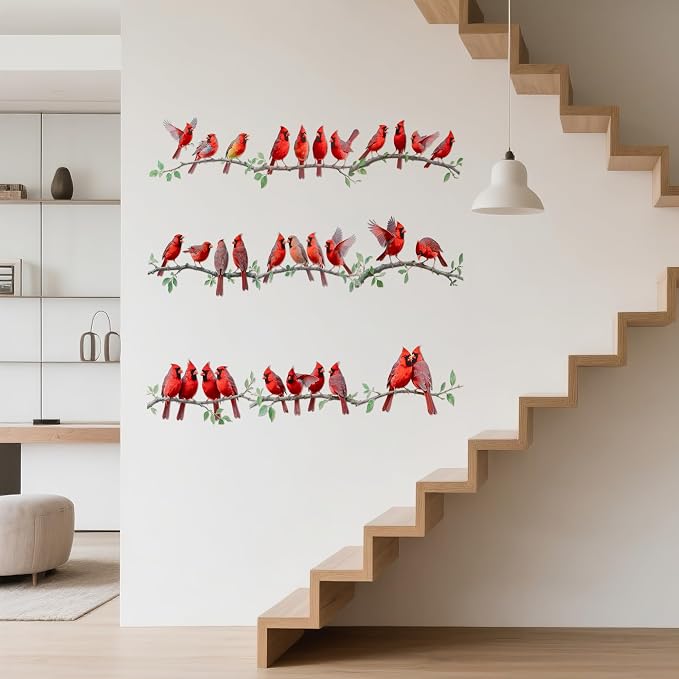 9Pcs Spring Funny Cardinal Birds Vinyl Decals on Branch Wall Easy Peel and Stick Watercolor Patterns Cute Red Birds Vinyl Wall Stickers for Women Students Girl Boys Party Room Decor - Image 3