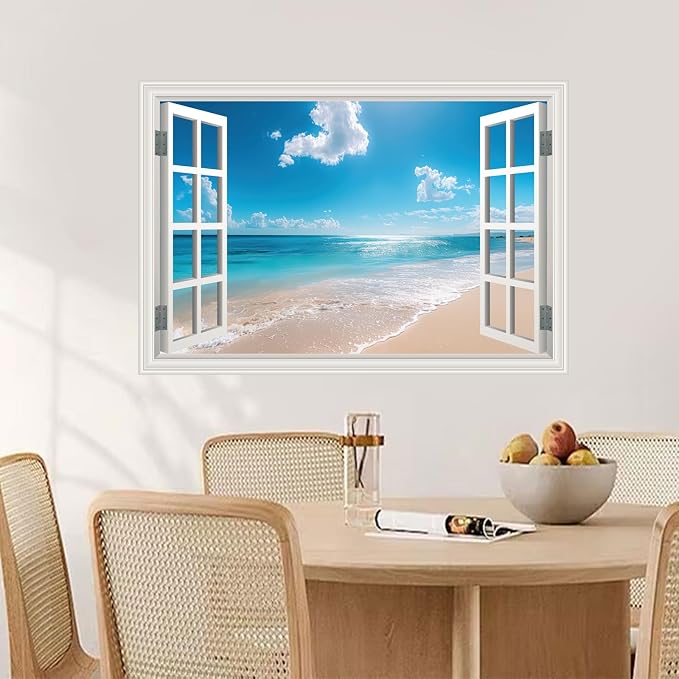 Fake Window Poster Wall Art Sticker - Summer Beach Faux Window Wall Mural for Wall Decor, Stick and Peel Wall Decals, 24" x 16" - Image 2