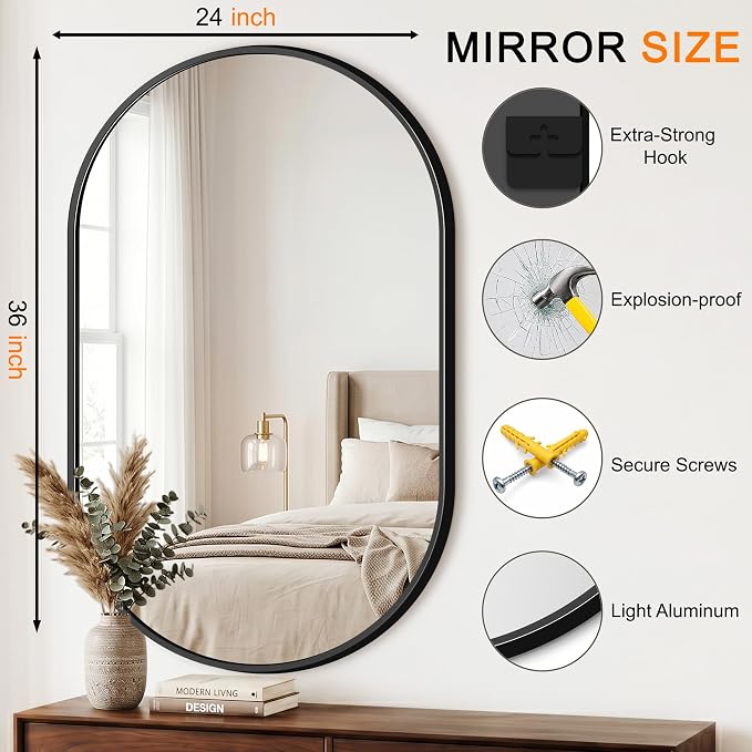 Oval Bathroom Mirror, 24"x36" Black Vanity Mirror for Over Sink - Image 2