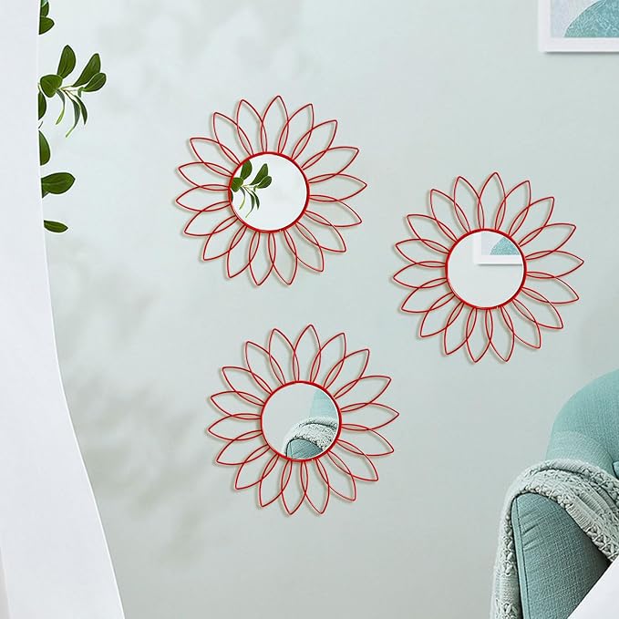 3 Pack Metal Mirrors for Wall Sunburst Wall Mirrors Home Décor Decorative Hanging Wall Art for Living Room Bedroom Entryway (Red, Flowers) - Image 6