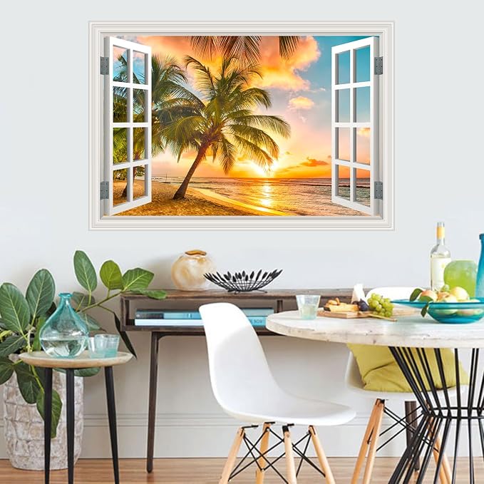 Fake Window Wall Decal- Summer Beach Ocean Coconut Trees Open Art Sticker | Faux Window Natural Scenery Landscape Mural ｜ Stick and Peel Wall Decals｜Room Bedroom Office Decor｜48"x32",Set of 2 Sheets - Image 5