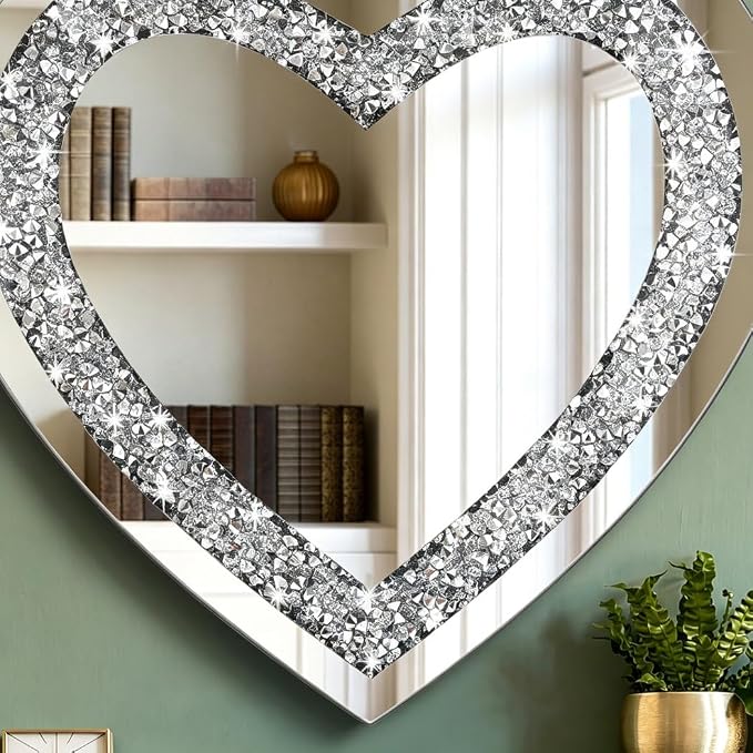 DMDFIRST Crystal Crush Diamond Heart Shaped Silver Mirror for Wall Decoration 24x24x1 inch Wall Hang Frameless Mirror Acrylic Diamond Décor. - Image 3