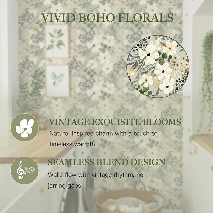 Toduso Floral Peel and Stick Wallpaper Boho Wallpaper Removable Wall Paper Vintage Botanical Contact Paper Waterproof for Bedroom Bathroom Living Room Decor Self-Adhesive Vinyl 17.3''x196.8'' - Image 6