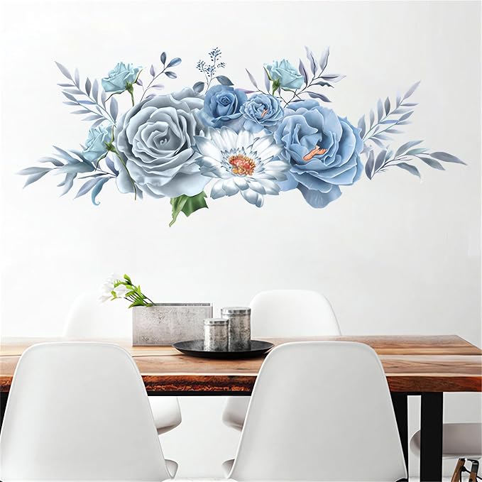 Blue-Gray Peony Flower Wall Stickers Floral Art Plants Wall Decals | Removable Vinyl Peel and Stick for Living Room Bedroom Children's Room Kitchen Sofa TV Background Home Decor - Image 3