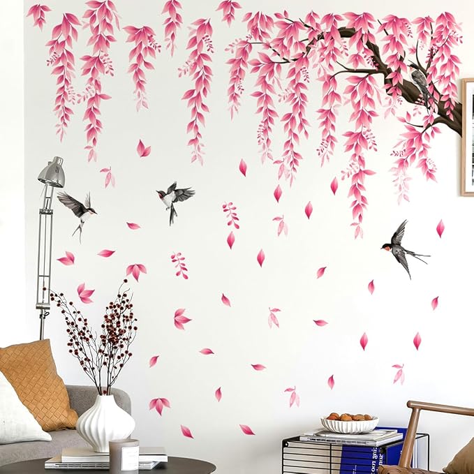 Pink Flower Tree Branch Wall Decals, Spring Pink Flower Bird Wall Stickers Peel and Stick Wall Murals for Living Room Bedroom Tv Background Wall Decor, 70.8x59 inches, 3 Sheets - Image 5