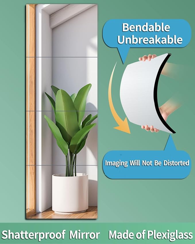 Shatterproof Wall Mirror Full Length for Bedroom, Unbreakable Acrylic Gym Mirror for Home Makeup, 8 x 8 Inches x 4 Pcs, Shaving Mirrors Safe for Kids, Over The Door, Long Hang Plexiglass Wall Mounted - Image 2