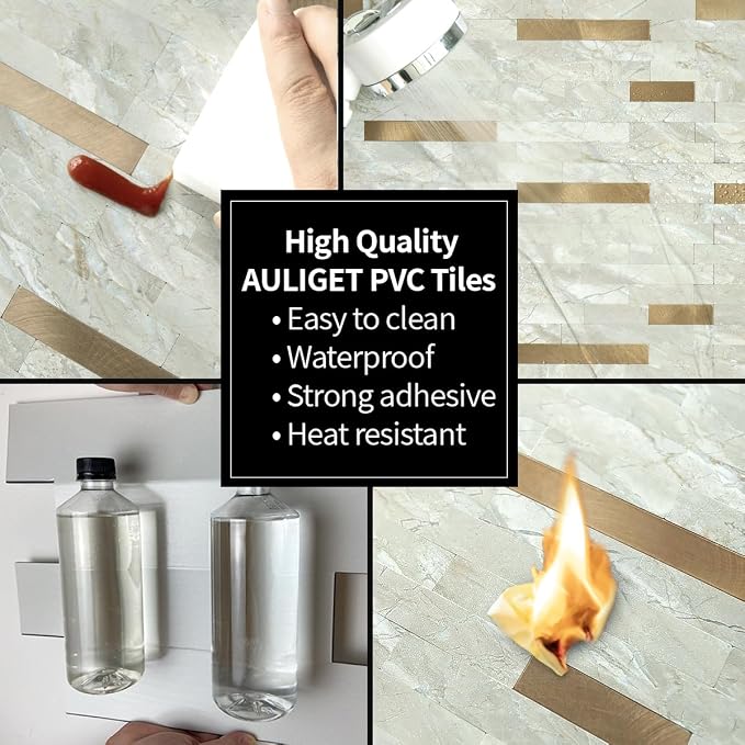 AULIGET 2 Sheets Faux Stone Peel and Stick Backsplash, Light Brown Marble Look PVC Wall Tiles Stick on Backsplash for Kitchen - Image 6