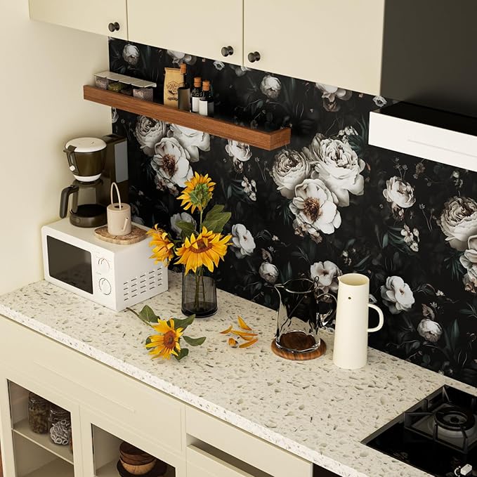 Laatse Dark Black Floral Wallpaper Peel and Stick 17.5" × 393" | Self Adhesive/Removable/Waterproof/Thick Vinyl Contact Paper for Bathroom Bedroom Shelf Cabinet Drawer,Prepasted,Easy Peel - Image 3