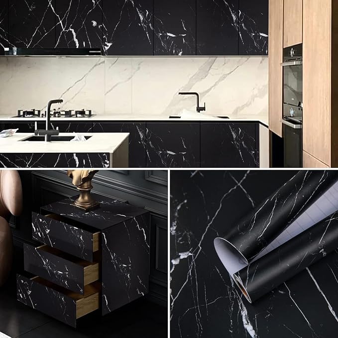Marble Contact Paper Black Peel and Stick Wallpaper for Kitchen Countertop | 17.71" x 78.7" Black/White Thicken Self Adhesive Black Wallpaper for Countertops Cabinets Decorative Easy to Remove Upgrade - Image 5