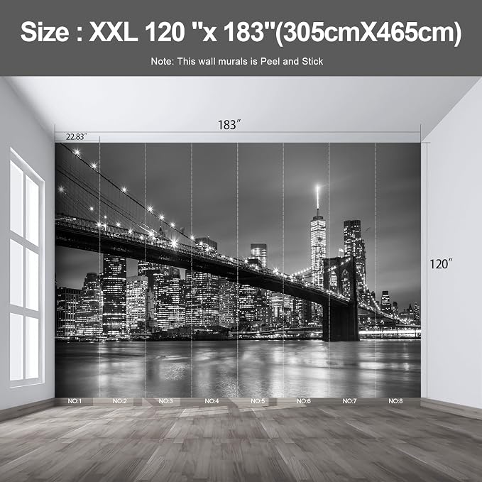 Gray Brooklyn Bridge at Night NYC Large wall murals new york Peel and Stick self Adhesive Wallpaper for Bedroom Living Room - 120"x183" - Image 2
