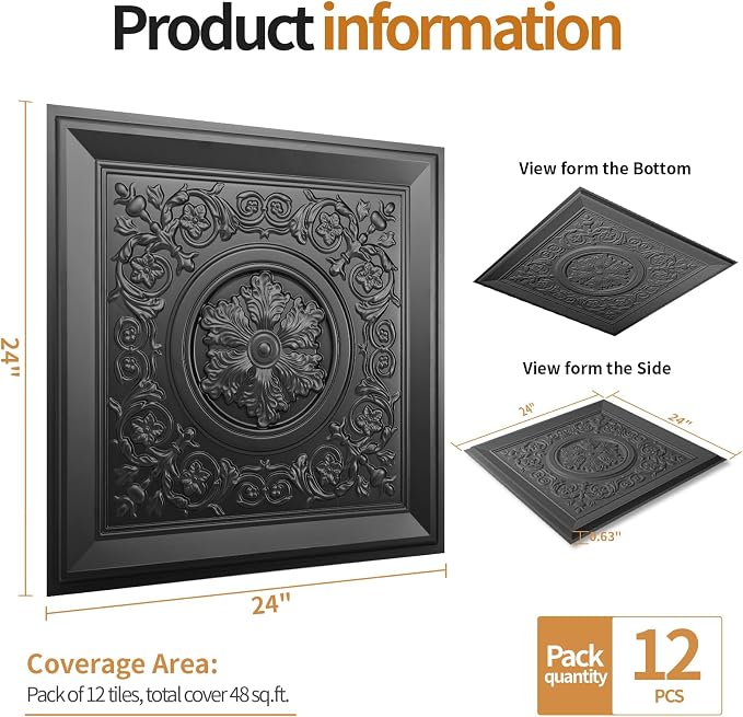 WOWSTAR 24-Pack 24"x24" Drop Ceiling Tiles, Waterproof Glue Up Vintage Style 3D Ceiling Tiles, Black, Wall Art | PVC ceiling panels, 24"x24", waterproof, glue-up install, basement kitchen bathroom, 24-pack - Image 4