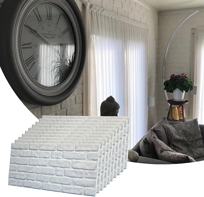 Dundee Deco 3D Wall Panels Faux Brick - Cladding, White Stone Look Wall Paneling, Styrofoam Facing for Living Room, Kitchen, Bathroom, Balcony, Bedroom, Set of 10, Covers 53 sq ft by DundeeDeco