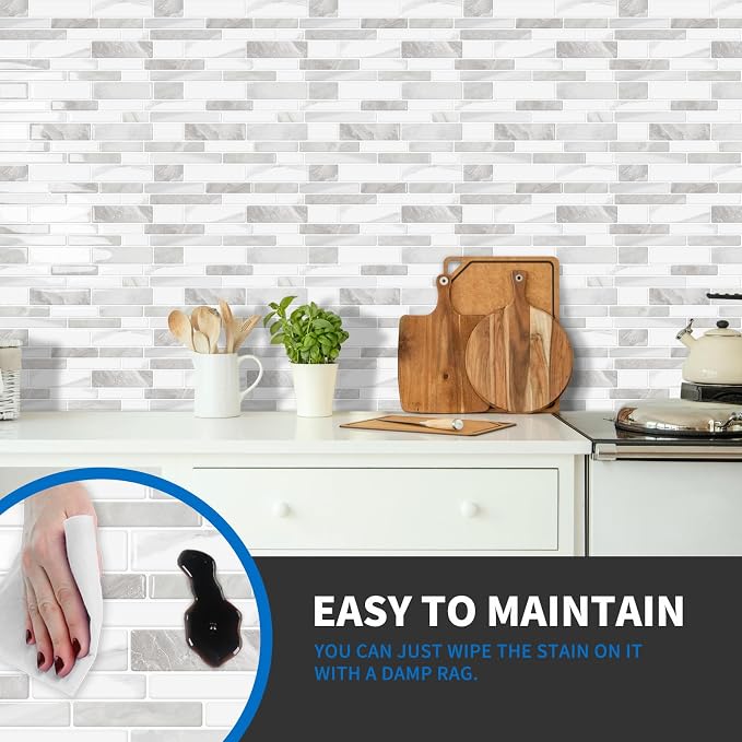 10-Sheet Peel and Stick Kitchen Backsplash Tiles | 3D Waterproof Self Adhesive Wall Tile Stick on Backsplash for Kitchen and Bathroom(Beige White,12"×12") - Image 2
