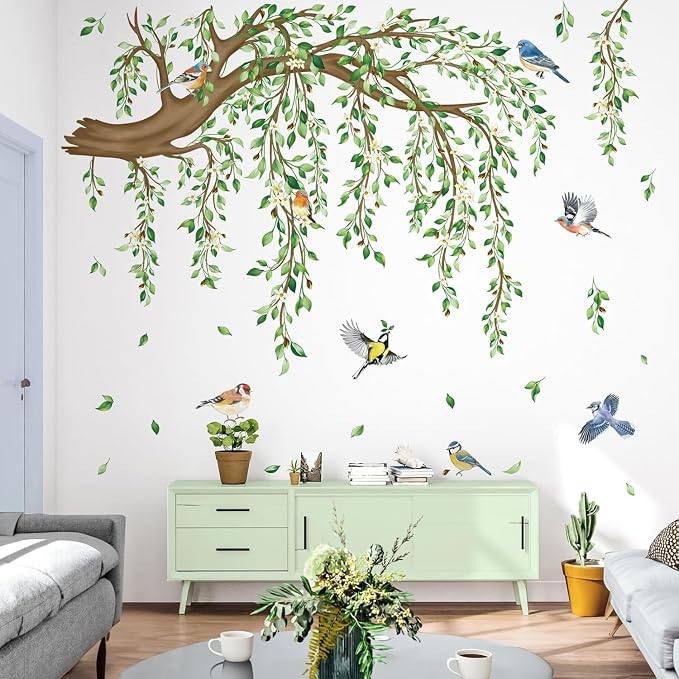 Large Tree Sticker Green Hanging Plants Wall Sticker Birds Flower Branches Wall Art Decals Wall Murals Peel and Stick Nature for Living Room Bedroom TV Wall - Image 3