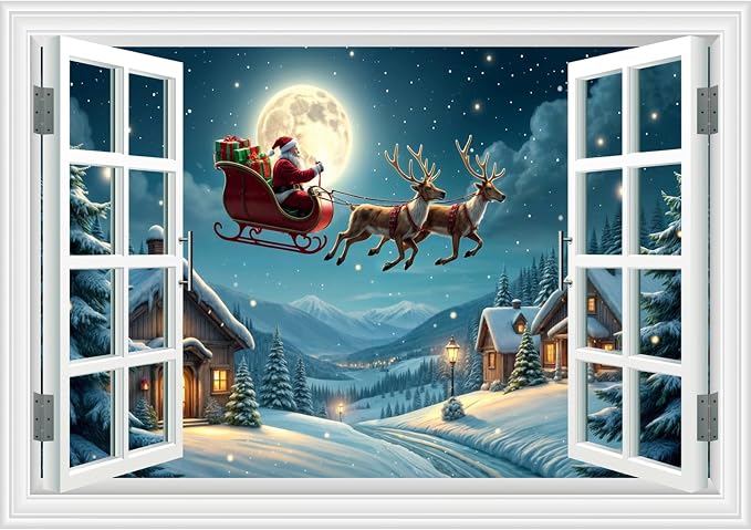 Fake Window Wall Decal - Christmas Night Santa Carry Gifts on The Roof | ｜Faux Window Merry Christmas Wall Art Mural ｜ Stick and Peel Wall Decals｜for Xmas Room Office Decor｜48"x32",Set of 2 Sheets by Clickhere