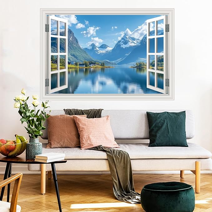 Fake Window Poster Wall Mural Sticker Mountain Lake Forest Prints Faux Window Wall Art Picture Decals Decor, Stick and Peel Landscape Natural Scenery 48" x 32" Set of 2 Sheets - Image 6