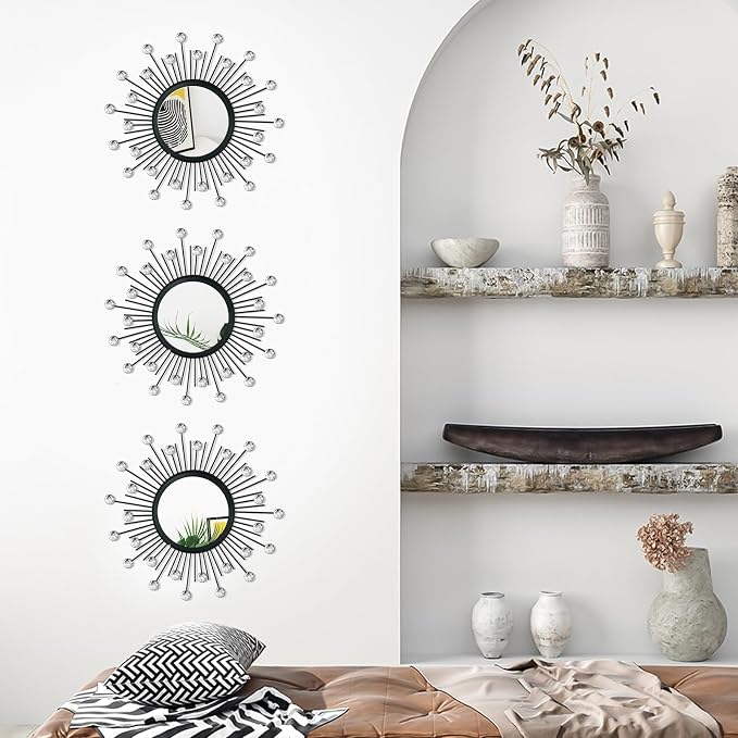 3 Pack Metal Mirrors for Wall Sunburst Wall Mirrors Home Décor Decorative Hanging Wall Art for Living Room Bedroom Entryway (Black Crystal, Sunburst) - Image 4