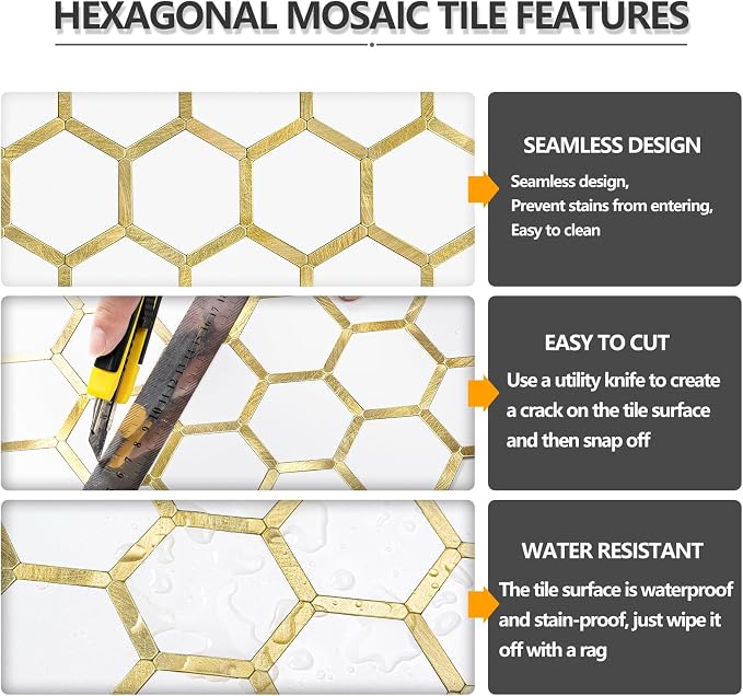 STICKGOO Hexagon Peel and Stick Backsplash Tile, Stick on Backsplash for Kitchen and Bathroom, Pure White PVC Mixed Metal Gold Self Adhesive Wall Tiles(10 Sheets, Seamless) - Image 4