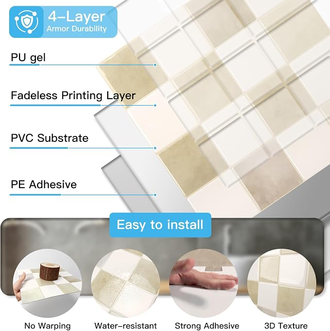 Art3d Grid Peel and Stick Backsplash, 10-Pack, 12 x 12 in, Beige and White | Enhanced Thickness, Strong Adhesion, Moisture Resistant, Long-Lasting, Minimalist Look, DIY Friendly, for Kitchen Countertops - Image 6
