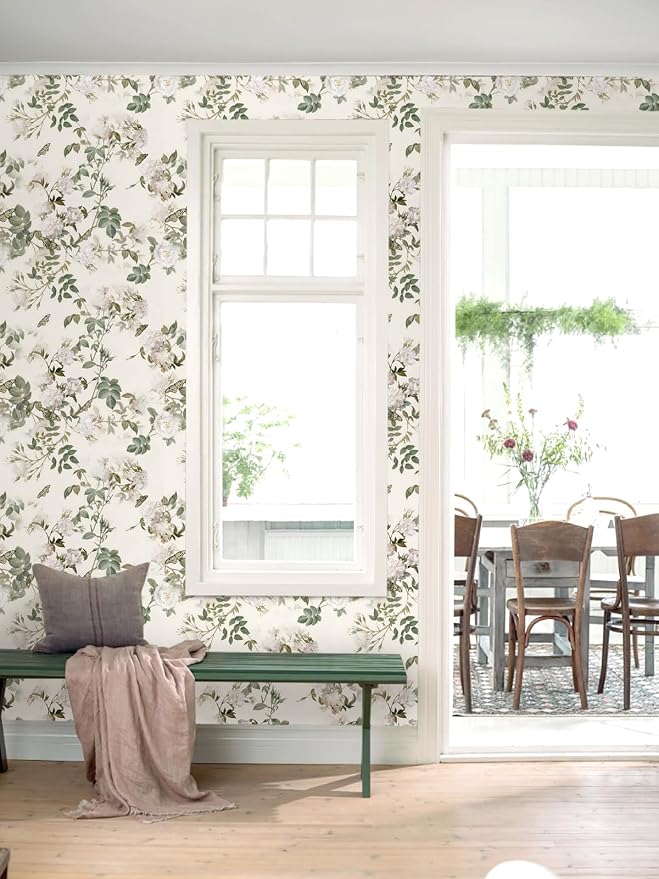 Wudnaye Green Floral Peel and Stick Wallpaper Vintage Flower 16.9"×393" | Botanical Peel and Stick Wallpaper Green Beige Rose Self Adhesive Removable Contact Paper Waterproof for Kitchen Bathroom - Image 5