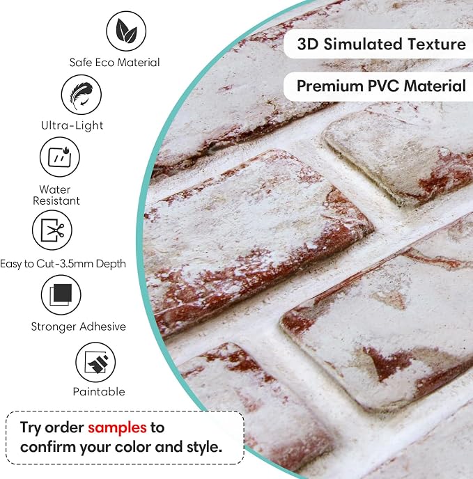 Commomy Faux Brick 3D Wall Panels,Thin UrltraLight PVC 12 pcs | 22.8" x 11.8" Peel and Stick Tile Whitewash & Red Brick Textured for Kitchen,Bedroom, Living Room（Covers 22.48 sq.ft） - Image 3