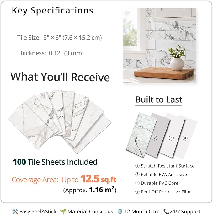 StyloVue 100 Pieces Peel and Stick Backsplash for Kitchen, 3" x 6" PVC Subway Tile, 2026 Upgraded Volakas White Marble, Stick on Wall Tile for Kitchen, Bathroom, Fireplace, RV - Image 3