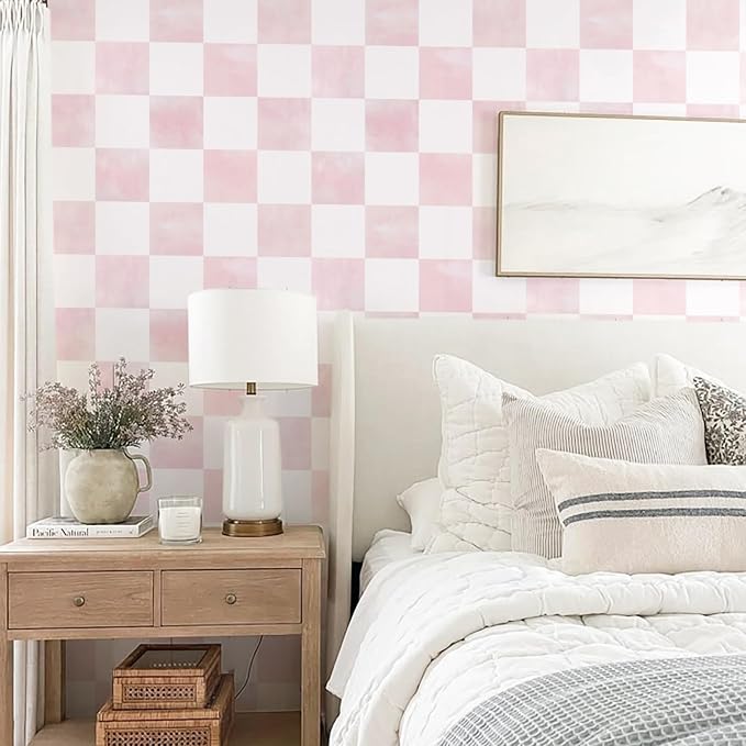 Ismoon Modern Peel and Stick Wallpaper Pink Mosaic Checkered Contact Paper Removale Self-Adhesive Stick on Wallpaper for Bedroom Bathroom Shlef Cabinet Décor 17.3in x 49.21ft - Image 2