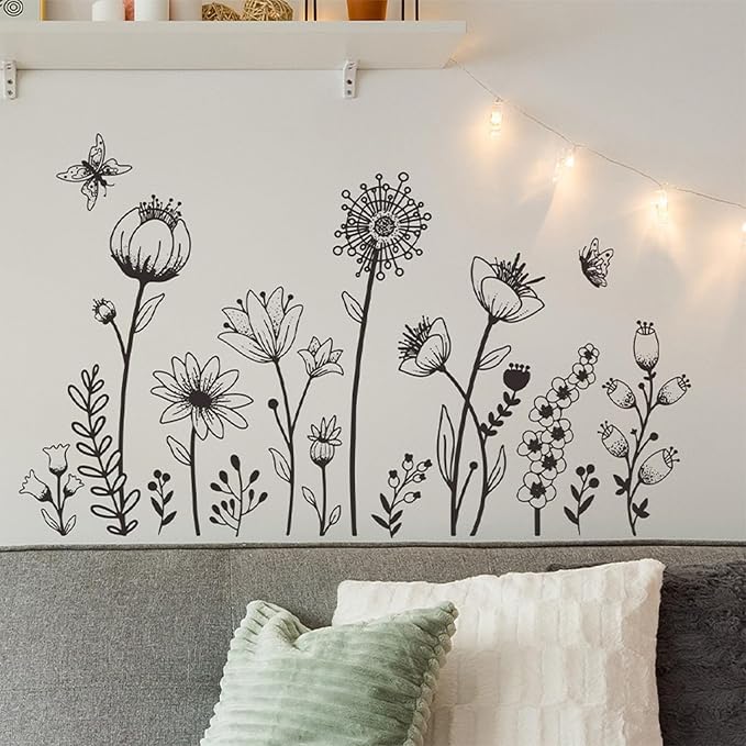 Black Boho Wall Decal Simple Sketch Flower Wall Stickers, Floral Wildflower Sticker Dandelion Peel Stick Wall Art Decor Bedroom Home Room Office Garden Hall Adult Gifts for Mom - Image 3