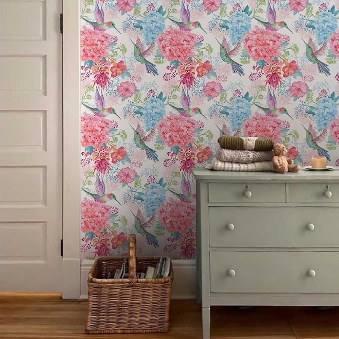 Vintage Pink Hydrangea Floral Hummingbird Birds Flower Peel and Stick Wallpaper Wall Decor Self Adhesive Wall Paper Stick on Easy Peel Off Contact for Renter Apartment - Image 3