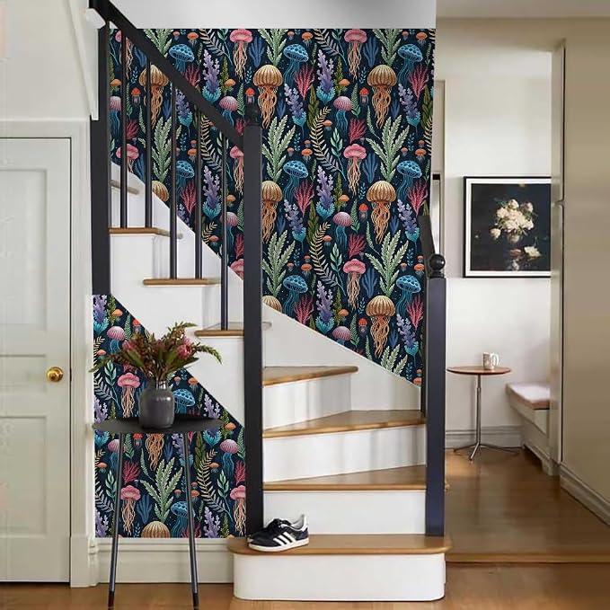 18"x236"Underwater Multicolor Jellyfish Ocean Peel and Stick Self Adhesive Wallpaper Removable Contact Paper Stick on Easy Peel Off Wall Paper for Kitchen Bedroom Bathroom Renter - Image 6