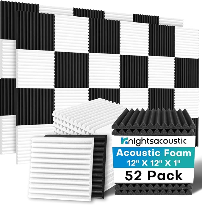52 Pack Acoustic Foam Panels, 1 X 12 X 12 Inches Sound Proof Foam Panels for Walls, High Density Acoustic Panels Sound Absorbing, Black White Noise Cancelling Studio Wedges (NOT Include Adhesive) by Knightsacoustic