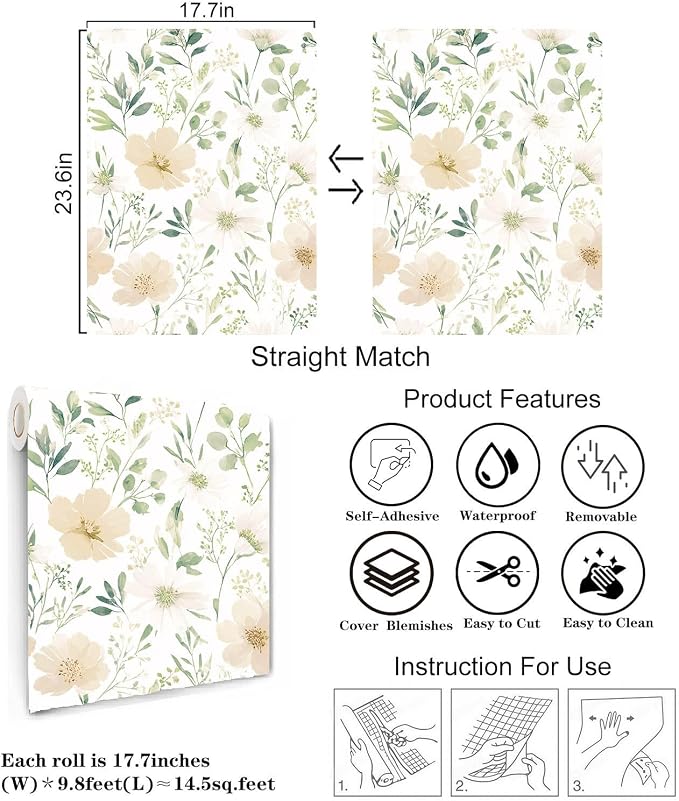 Floral Peel and Stick Wallpaper 17.7in x 118in | Watercolor flower removable self adhesive design for cottagecore bedroom accent walls - Image 4