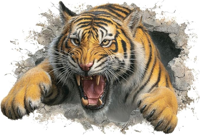 Tiger Wall Decal Stickers– Realistic Tiger Breaking Through Wall Design, Removable Stickers for Home, Office, Living Room, and Bedroom by THISFIND