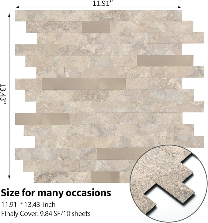 Yipscazo 10 Sheets Peel and Stick Stone Metal Tile Backsplash, Stick on Tiles for Backsplash Kitchen, Bathroom, Laundry Room, Camper, Fireplace (12'' X 12'', Beige Stone with Gold Metal) - Image 9