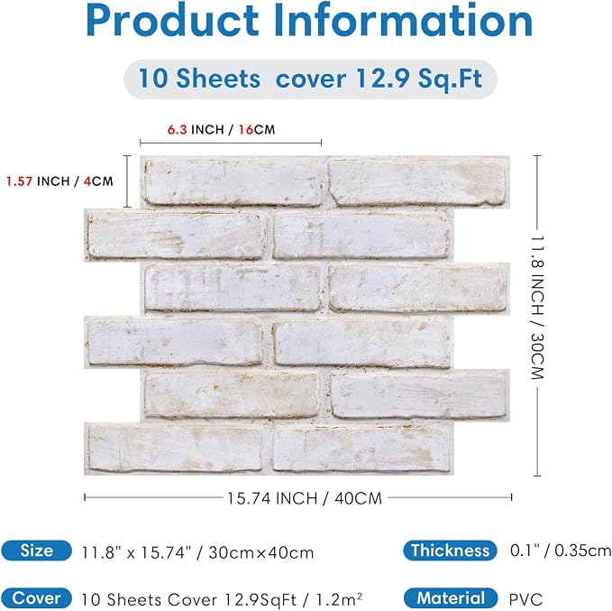 COMSTICKC 3D Faux Brick Wall Panels Peel and Stick, 10 Pcs 15.7" x 11.8" | Warm White, Not Real Brick, Ultra-Light Thin PVC Wall Tiles, 3D Fake Brick Decorative Sticker Wall Covering, Cover 12.9 sq ft - Image 5