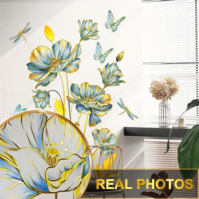Blue and Gold Floral Wall Decals with Butterflies and Dragonflies, Large Flower Wall Stickers, 39.37x29.52 Inch, Bedroom Living Room Decor (Blue and Gold) - Image 6