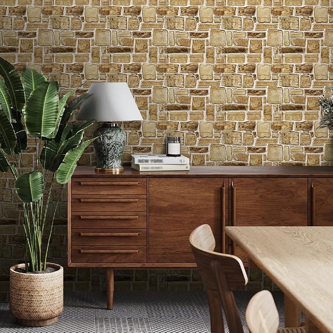 COMSTICKC 3D Faux Stone Wall Panels Peel and Stick, 10 Pcs 11.8" x 11.8" | Yellow Brown, Not Real Stone, Ultra-Light Thin PVC 3D Fake Rock Wall Sticker Covering for DIY Interior Decor, Cover 9.7 sq ft - Image 2