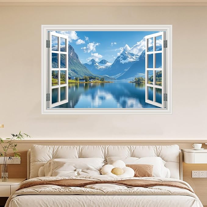 Fake Window Poster Wall Mural Sticker Mountain Lake Forest Prints Faux Window Wall Art Picture Decals Decor, Stick and Peel Landscape Natural Scenery 48" x 32" Set of 2 Sheets - Image 5