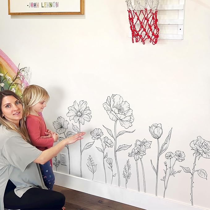 Large Black Boho Flower Wall Decals, 3 Sheets Simple Sketch Floral Wall Stickers Peony Wildflower Peel Stick Wall Art Decor Bedroom Home Room Office Garden Hall Adult Gifts for Mom(11.8x35.4 in/Sheet) - Image 2