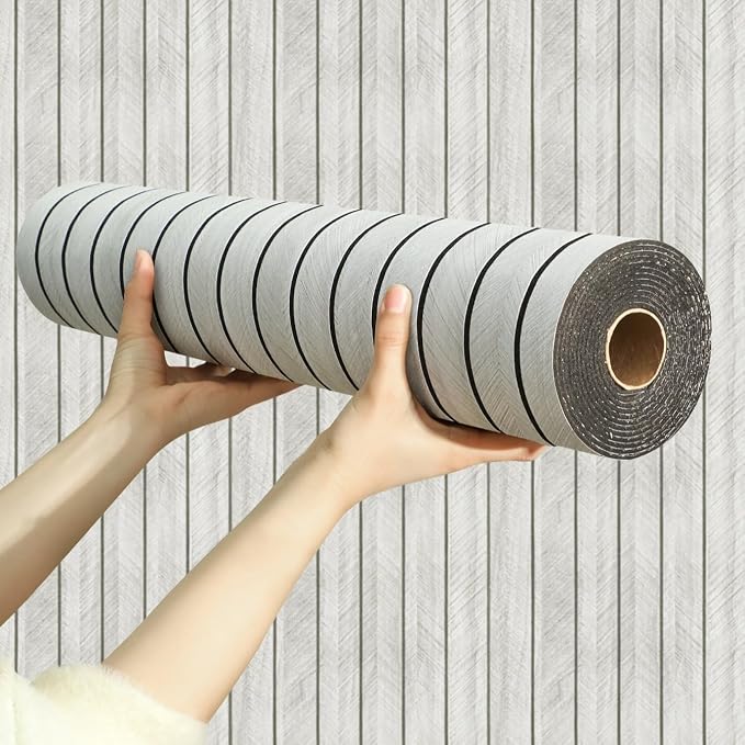 Chejiaye Peel and Stick 3D Wall Panel -15.75"x118"Soundproof Self-Adhesive Wall Sticker, Removable Thick PVC Slat Contact Paper for Kitchen Bedroom,Ceiling Wall Decoration Wood Grain (Light Grey) by Chejiaye