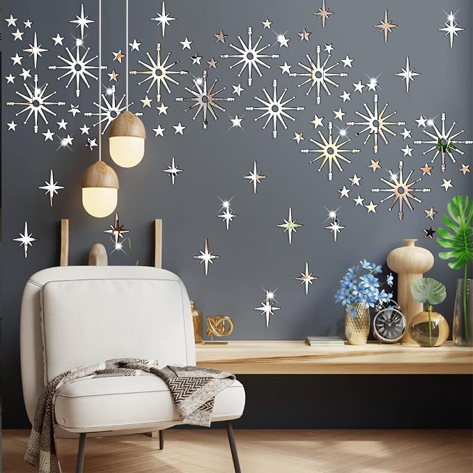 Star Wall Decals MCM Starburst Stickers Silver Mirror Decal Peel and Stick | Celestial decor, sparkle wall stickers, modern mid century decor, removable art mural, for kids bedroom living room farmhouse by Easma