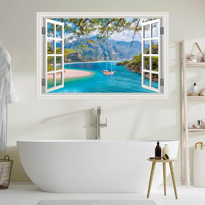 Fake Window Wall Decal- Beach Seascape Mountain Forest Open Wall Sticker | Faux Window Ocean Sailboat Natural Scenery Landscape Art Mural｜Stick and Peel Wall Decals｜for Room Office Scene Decor｜24"x16" - Image 9