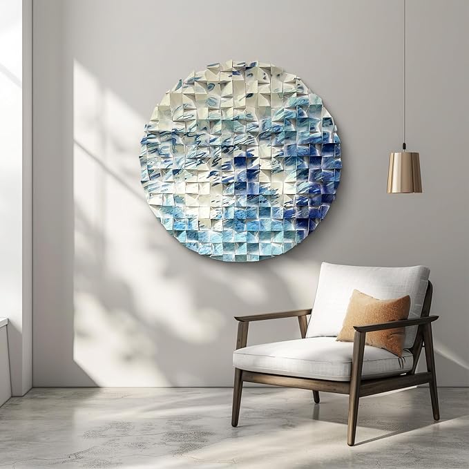 LIUZEYUE Abstract Flow Round Wood Wall Art, White and Blue, 31.5" | River Line Pattern, Modern Circular Wooden Decor, For Living Room Office - Image 6