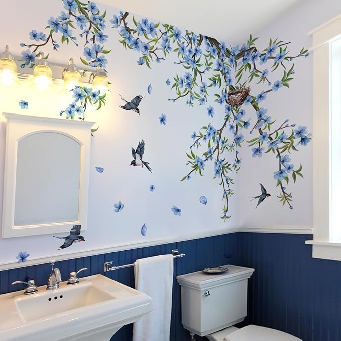 Blue Flower Wall Sticker Large Tree Branch Wall Decal Peel and Stick Floral Bird Wall Art Decor Hanging Flower Vine Wall Sticker for Living Room Bedroom - Image 3