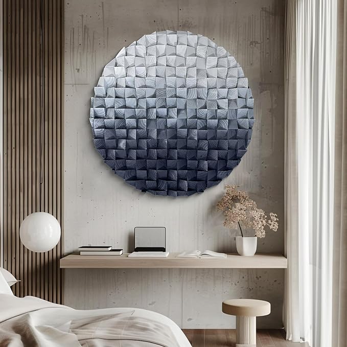 LIUZEYUE Extra Large Monochrome Wood Mosaic, Circular Relief, Wood Texture | monochrome round wood wall sculpture; light-to-dark gray, wall coverage; hotel atrium round focal wall; 59 in diameter by Unknown